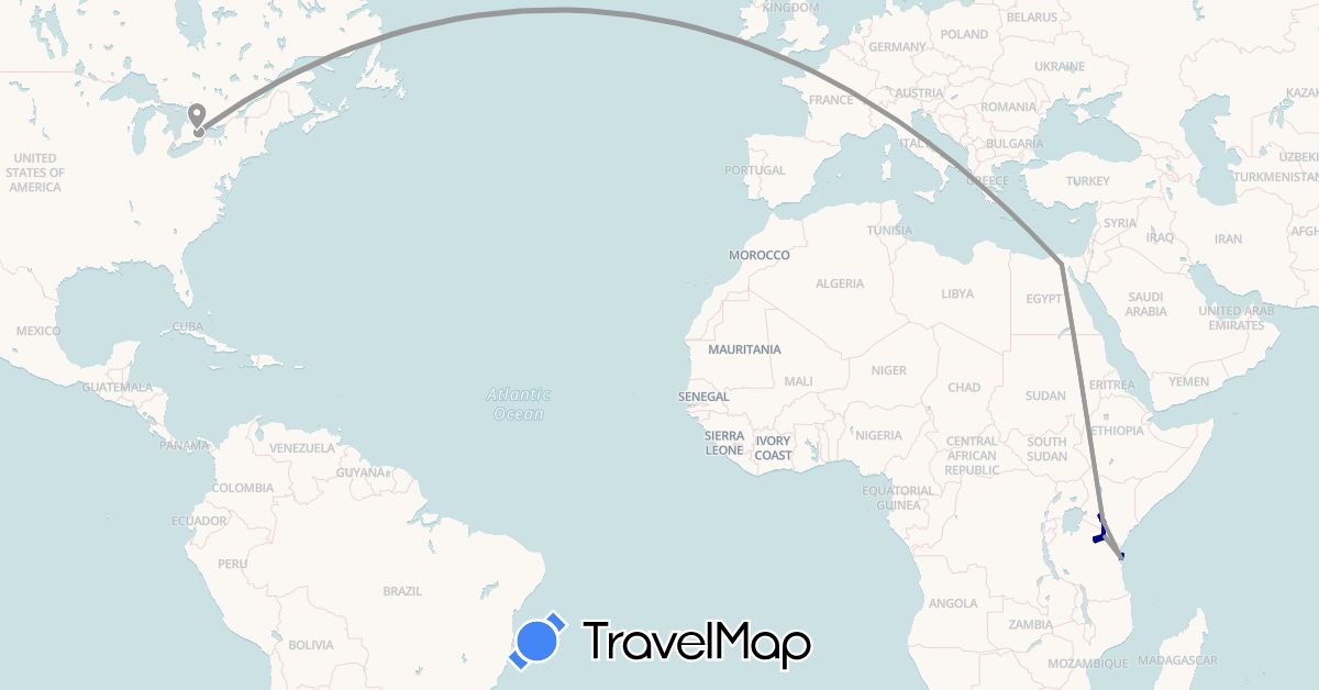 TravelMap itinerary: driving, plane in Canada, Egypt, Kenya, Tanzania (Africa, North America)